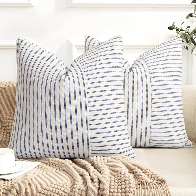 YCOLL Farmhouse Pillow Covers 24x24, Modern Accent Square Throw Pillow Covers Set of 2, Blue and Beige Striped Patchwork Linen Decorative Pillows Cushion Covers for Couch Chair Bedroom Home Decor