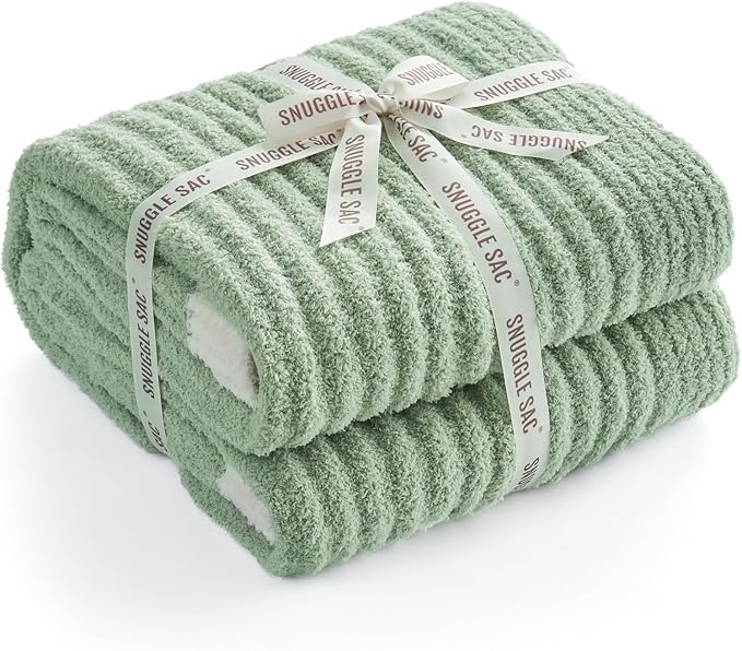 Snuggle Sac Spring Throw Blanket for Couch Sage Green, Microfiber Knit Throws for Sofa, Soft Luxurious Fuzzy Warm Blankets for Sofa, Bed, Travel, Sage Green, 50x60 inches