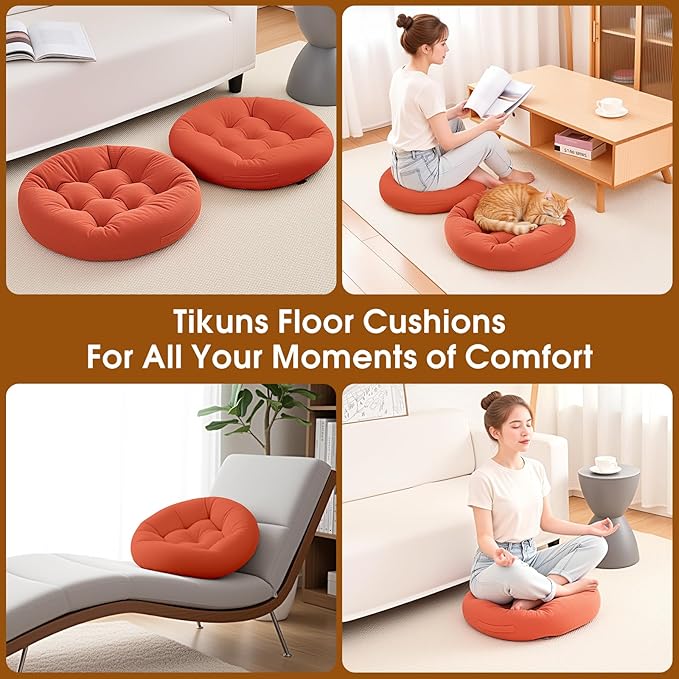 4Pcs Floor Pillows for Adults, 22x22x6 Inch Meditation Cushions, Large Round Sitting Cushion Living Room Memory Foam Pillow for Sitting (4, Orange, 22x22x6 Inch)