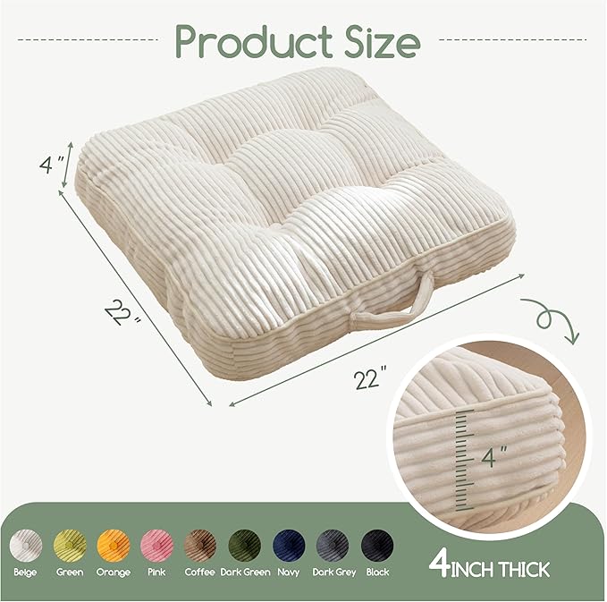 HIGOGOGO Floor Pillow Cushion for Adults, Meditation Cushion Pillow, Large Square Floor Sitting, Tufted Corduroy Cover, for Tatami Living Room or Yoga, 22x22 Inch, Beige