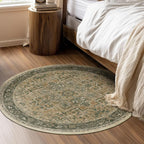Washable Round Rugs 5ft, Low Pile Thin Circle Entryway Rugs Non Slip, Traditional Medallion Printed Circle Carpet 5 feet for Bedroom Living Room Kitchen Dining Room, Multi Brown/Green