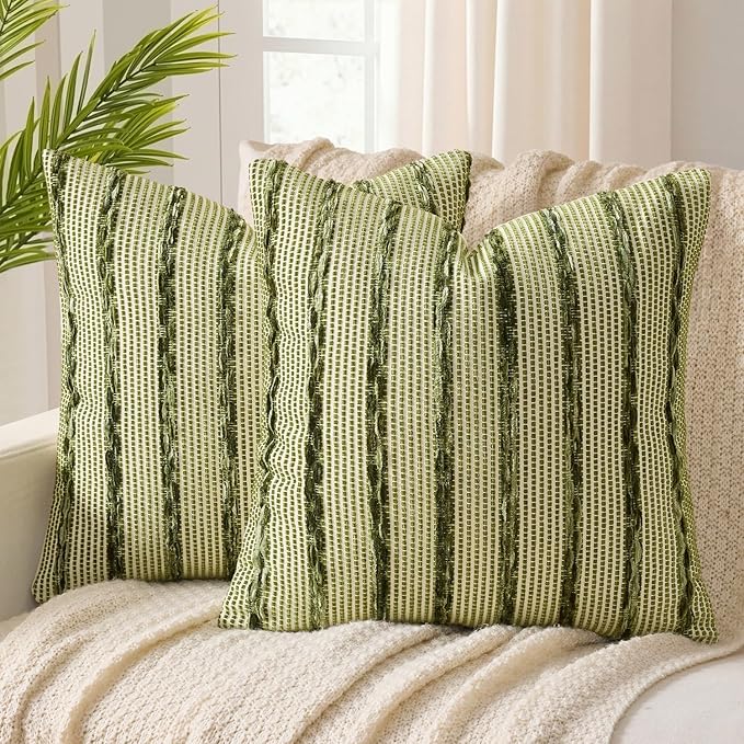 ANRODUO Boho Woven Chenille Pillow Covers 18x18 Inch Set of 2 Soft Textured Decorative Cushion Case with Striped Farmhouse Accent Neutral Pillowcase for Couch Sofa Bed Living Room Decor, Olive Stripe