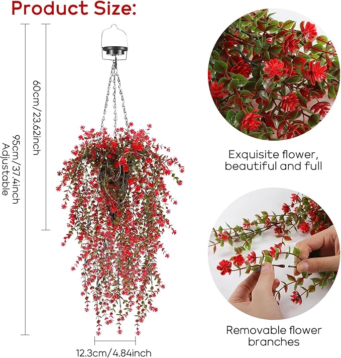 Solar Hanging Basket with Artificial Flowers: UV Resistant Fake Plants Basket with RGB Lights for Summer Decor - 2 Pack Cone Baskets with 8PCS Faux Silk Flower Flowers for Outdoor Garden Porch Patio