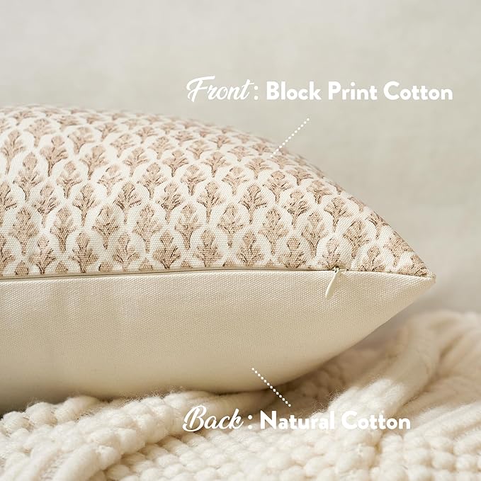 Floral Pillow Covers 20x20 Pillow Cover Block Print Couch Pillows for Living Room Decorative Neutral Accent Throw Pillow Covers, 1PC, Cognac Brown