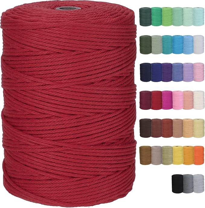 Cotton Macrame Cord 3mm 328yards Natural Colored Macrame Supplies, Soft Craft Cotton Rope for Plant Hanger Wall Hanger Dreamcatcher (Red)
