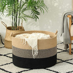 KAKAMAY Large Blanket Basket (20"x13"),Woven Rope Baskets for storage Baby Laundry Hamper, Cotton Rope Blanket Basket for Living Room, Laundry, Nursery, Pillows,Baby Toy chest (Jute/Black)