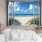 EOBTAIN Coastal Beach Wall Tapestry Blue Ocean and Sky outside the Window Landscape Tapestries Wall Hanging Summer Nature Poster Tapestry for Bedroom Living Room 59x51 Inch