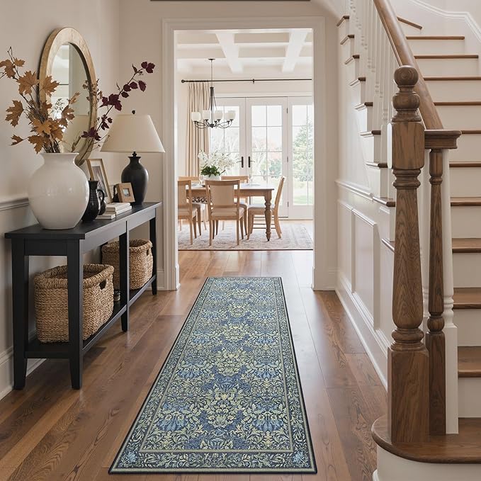 GENIMO Floral Reversible Runner Rug 2’6”x8’, Non-Slip Washable Low-Pile Lightweight Rug for Hallway, Kitchen, Laundry Room, Bedroom, Bathroom, Vintage Boho Indoor Decor, Beige/Navy