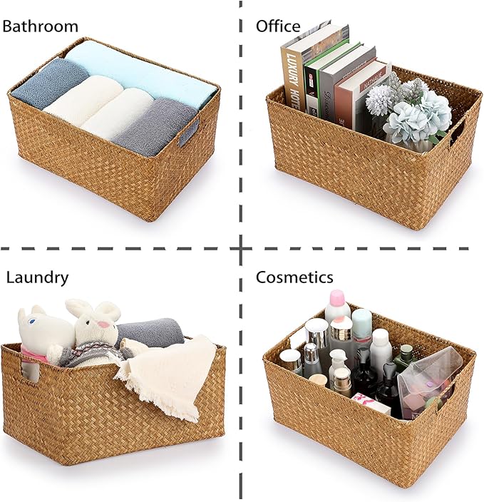 Hipiwe Seagrass Storage Baskets Bin for Shelf Handwoven Wicker Baskets Built-in Handles Rectangular Closet Bedroom Organizer Box Multipurpose Woven Basket Bins,14.6"x 10.6"x 7.1"