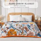 Boho Blanket Soft Muslin BohoThrow Blanket, 100% Cotton Floral Printed Farmhouse Decor All Season Reversible Rustic Throw for Sofa Couch Chair (Beige, 50"x60")