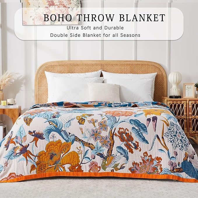 Boho Blanket Soft Muslin BohoThrow Blanket, 100% Cotton Floral Printed Farmhouse Decor All Season Reversible Rustic Throw for Sofa Couch Chair (Beige, 90"x98")