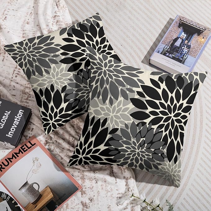 Black Grey Gray Pillow Covers 24X24 Inch Set of 2, Dahlia Flower Spring Summer Floral Cream Decorative Throw Pillow Covers Outdoor Modern Farmhouse Cushion Case for Home Couch Sofa Bed Decor