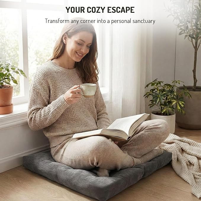 Degrees of Comfort Meditation Floor Pillow, Square Large Pillows Seating for Adults, Gray Tufted Corduroy Cushions for Outdoor Yoga Tatami Fireplace Living Room, Grey, 22x22 Inch