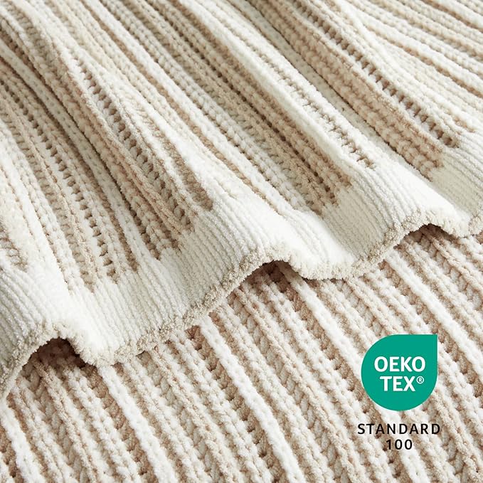 Amélie Home Striped Knit Throw Blanket for Couch, Dual-Sided Soft Chenille Decorative Blankets for Sofa & Chair, 50"x60", Khaki & White