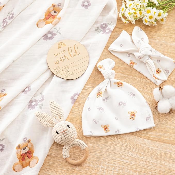 BabyWhale Muslin Swaddle Blanket with Hat and Headband Bow, Flower and Bear Print Swaddle Set for Baby Boys ＆ Girls, Soft Breathable Unisex Receiving Blanket Wrap, 47x47 inches