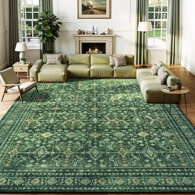 Lessymo Washable Area Rug for Living Room,9x12 Green Large Rugs with Non-Slip Backing,Soft Boho Carpets for Bedroom Dining Room Nursery Home Office