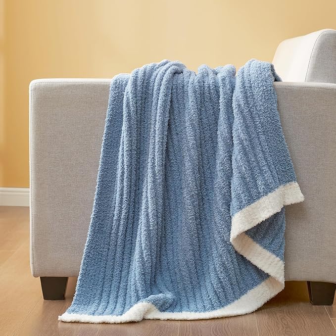 Snuggle Sac Fluffy Ribbed Blue Bedding Blanket Twin Size, Soft Luxurious Knit Fuzzy Plush Microfiber Blankets for Sofa, Bed, Blue, 60x80 inches