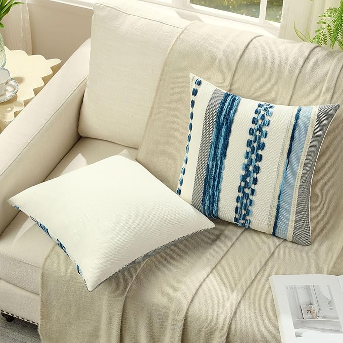 FUTEI Blue Decorative Throw Pillow Covers 18x18 Inch Set of 2, Soft Tufted Striped Textured Accent Cushion Case,Boho Pillows for Couch Decor