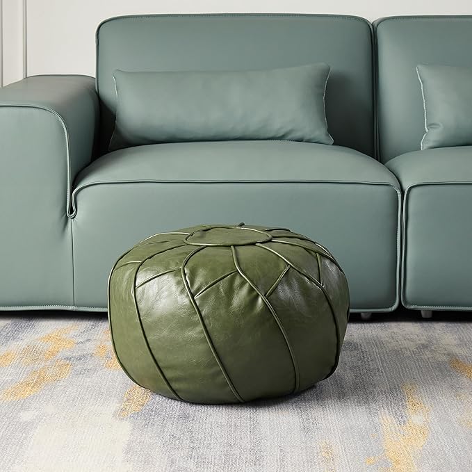 Louis Donné Handmade Moroccan Boho Chic Eco-Friendly Waterproof Faux Leather Unstuffed Pouf Ottoman Cover,Round Storage DIY Foot Rest, Ethnic Decorative Accent for Living Room Bedroom（Green）