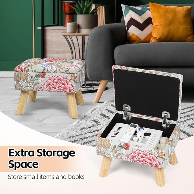 Nandae Square Storage Ottoman with Sturdy Wood Legs, Tufted Upholstered Footstool 14.5”L × 10.6”W × 11.4”H Boho Floral Upholstered Storage Footrest, Suitable for Living Room, Bedroom, Couch, Enterway