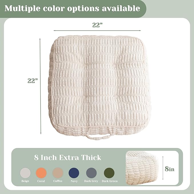 8" Washable Floor Pillow Cushion for Adults, Meditation Cushion Pillow, Removable Tufted Blended Corduroy Cover, Large Square Floor Sitting for Tatami Living Room or Yoga, 2Pack, Machine Washable