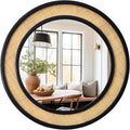 Round Rattan Mirror, 30" Circle Wall Mirror, Farmhouse Wooden Vanity Mirror with Handmade Wicker Frame, Decorative Boho Mirror for Nursery Bedroom Living Room Entryway Black