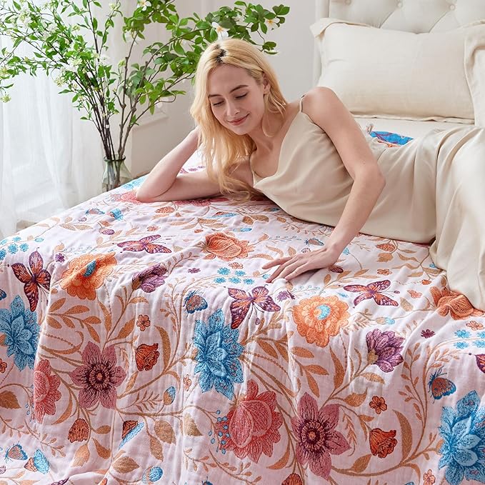Boho Throw Blanket - 100% Cotton Ultra Soft Muslin Blanket, 50"x60" Lightweight Floral Butterfly Framhouse Bedding Spring Blanket for Bed, All Season Beige Bohemian Bedroom Home Decor Quilt