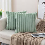 ZLINA Set of 2 Light Green Faux Fur Decorative Throw Pillow Covers Fluffy Striped Pillowcase Cushion Covers 26 x26 Inch Decor Sofa Couch Bedroom