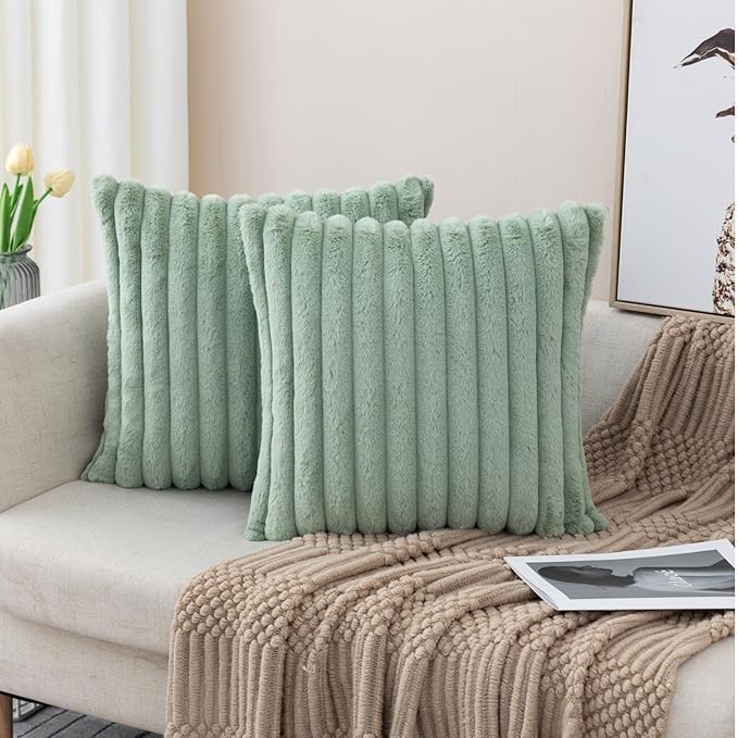 ZLINA Set of 2 Light Green Faux Fur Decorative Throw Pillow Covers Fluffy Striped Pillowcase Cushion Covers 18 x 18 Inch Decor Sofa Couch Bedroom