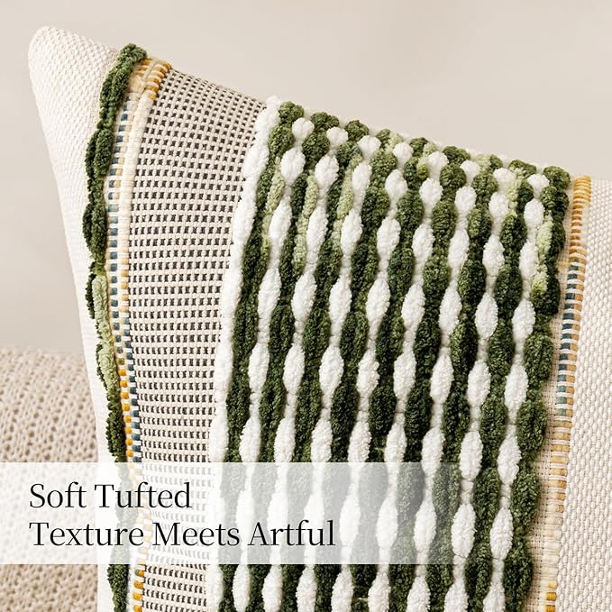 ANRODUO Pack of 2 Boho Decorative Throw Pillow Covers 24x24 Farmhouse Cushion Case Striped Chenille Pillow Cases Square Pillow Covers Accent Neutral Pillowcase for Sofa Couch Bed, Olive Green Stripe
