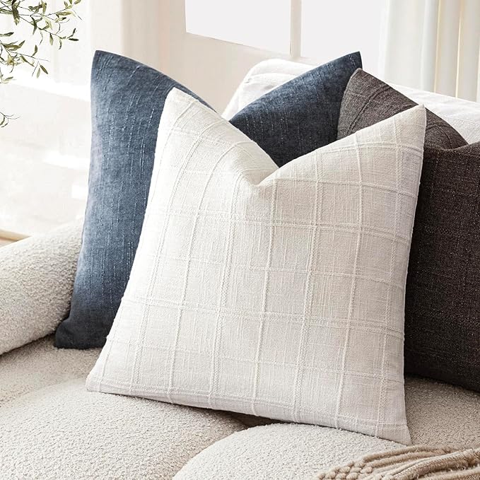 Foindtower Set of 2 Decorative Linen Check Throw Pillow Covers Neutral Farmhouse Vintage Cushion Covers Modern Boho Home Decor for Sofa Chair Couch Bedroom Living Room,22×22 Inch,Cream White