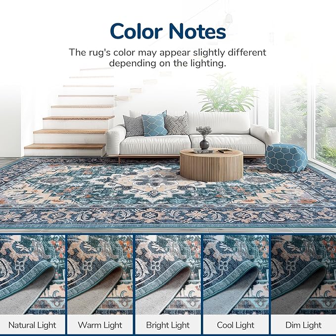 Lessymo 9 x 12 Area Rugs for Living Room, Machine Washable Area Rugs Boho Faux Wool Low Pile Area Rug for Bedroom, Floral Medallion Vintage Rugs with Non-Slip Rubber, Kid & Pet Friendly, Dark Green