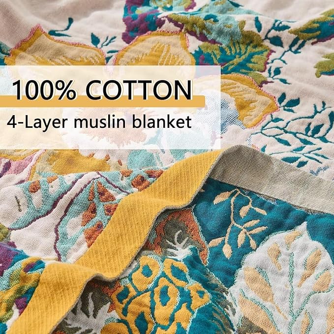 Boho Throw Blanket Farmhouse Decor Throw Blanket Bohemian Blanket for Bed 100% Cotton Muslin Woven Couch Blanket All Seasons Quilt Bedroom (Beige, 90"x98")