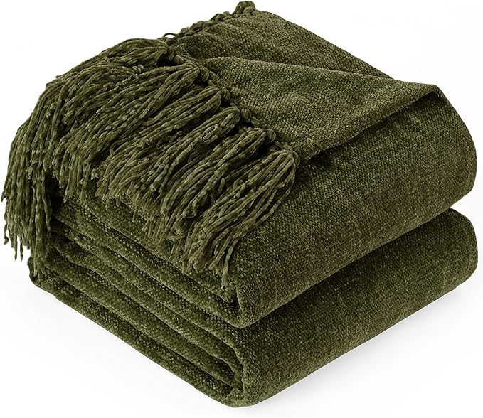 Chenille Throw Blanket for Couch with Tassels,60"X80" Soft Cozy Lightweight Knitted Boho Decorative Blankets for Bed and Sofa,Olive Green