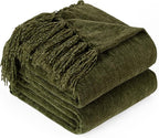 Chenille Throw Blanket for Couch with Tassels,50"X60" Soft Cozy Lightweight Knitted Boho Decorative Blankets for Bed and Sofa,Olive Green