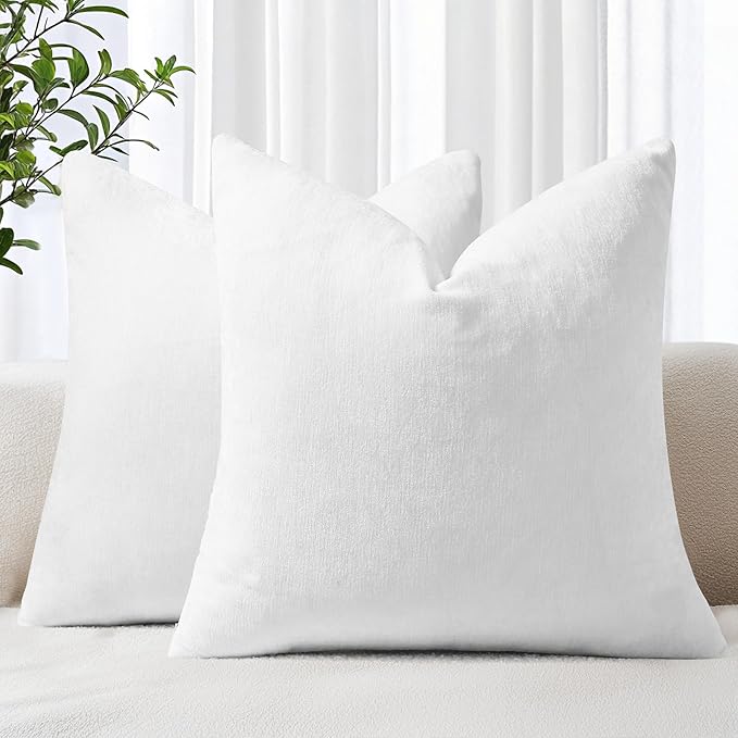 decorUhome Chenille White Spring Throw Pillow Covers 16x16 Inch Set of 2, Decorative Soft Couch Pillow Covers Solid Dyed Accent Farmhouse Neutral Square Pillow Cases for Sofa