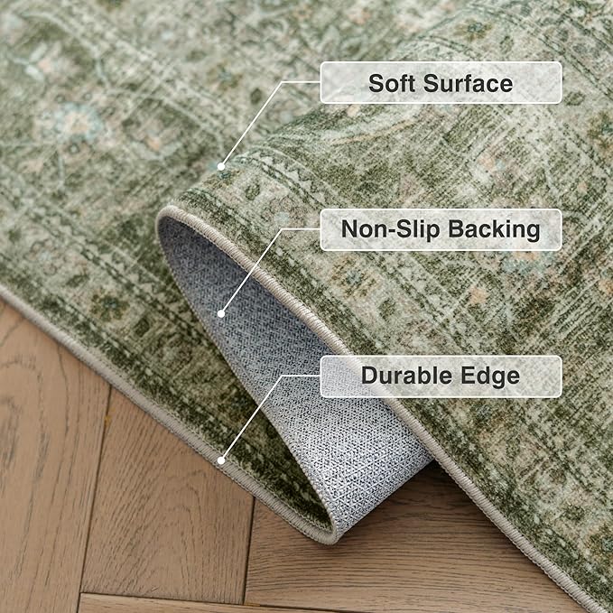 FMFUNCTEX 5x7 Washable Area Rug Green Neutral Vintage Distressed Non Slip Low Pile Traditional Indoor Carpet for Living Room Bedroom Soft Retro Mat Throw Rug for Dining Office Kitchen Dorm Entryway