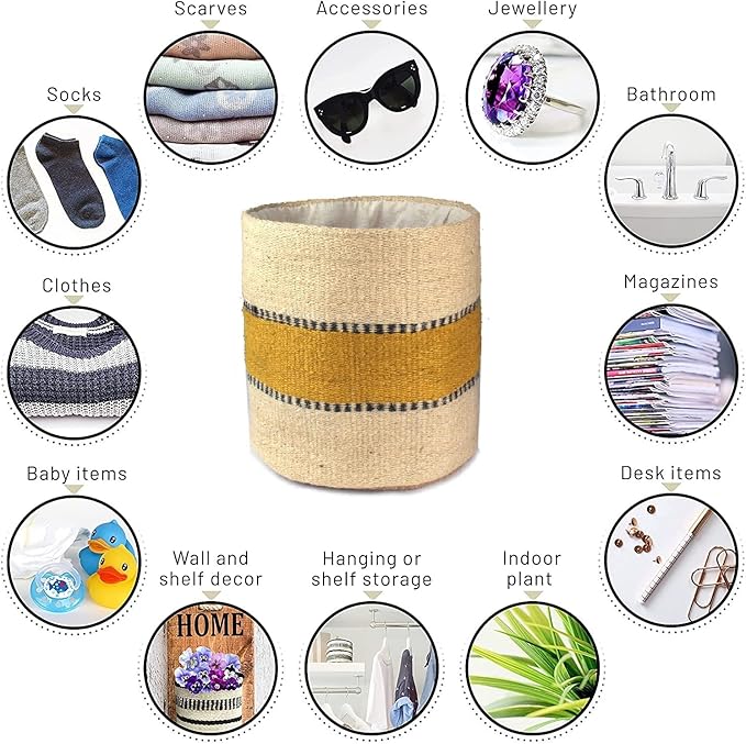 Sturdy Jute Planter - Modern Woven Basket for 8" Pot Indoor Planters, 10" x 10" Storage Organizer, Rustic Home Decor, Earth-Friendly Planter (10x10 Inches, Bleach, Yellow Stripe)