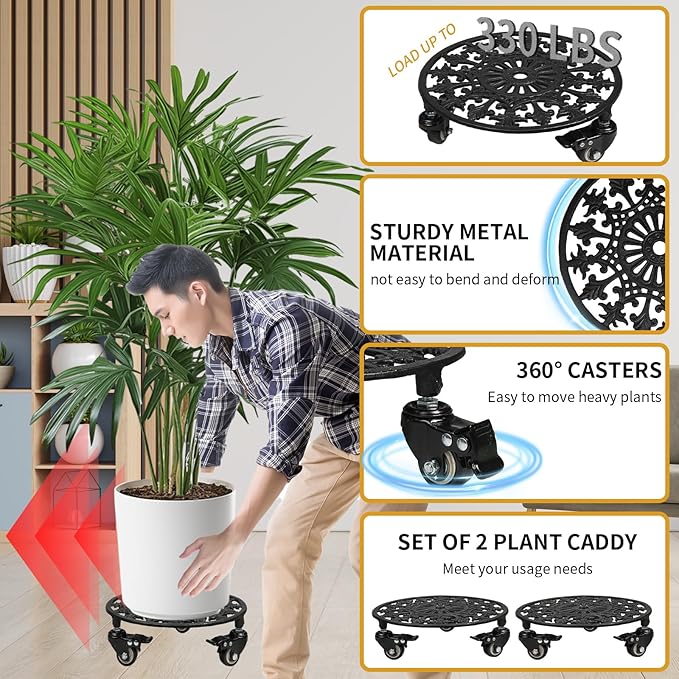 Rolling Plant Stand with Wheels, 2 Pack Heavy Duty Metal Plant Caddy 11 Inch Wrought Iron Plant Dolly Outdoor Round Plant Rollers Stand for Large Potted Plants and Flower Pot, Black