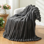 NEWCOSPLAY Super Soft Queen Blanket Grey Premium Silky Flannel Fleece 3D Ribbed Jacquard Lightweight Bed Blanket All Season Use (Grey Ribbed, Queen(90"x90"))