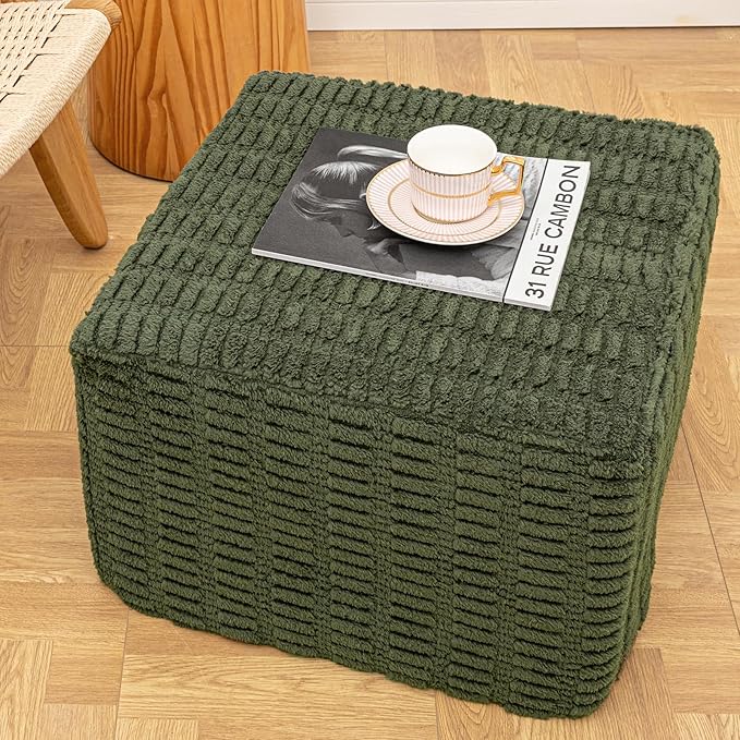 20x20x14 Inches Fluffy Square Pouf Ottoman - Plush Furry Boneless Ottoman Foot Rest Stool with High-Density Foam, Versatile Floor Seating for Living Room (Green)