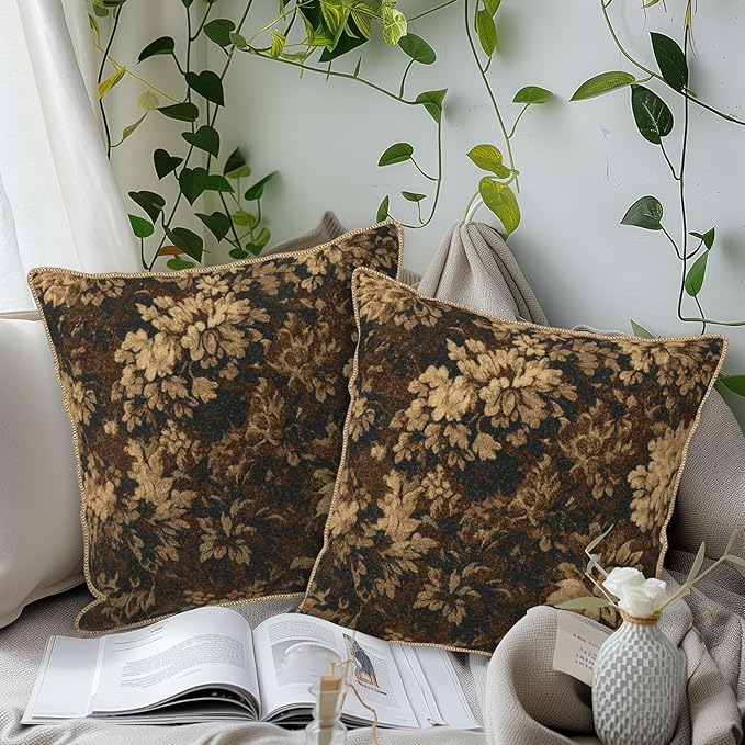 Neutral Flowers Dark Brown Soft Velvet Throw Pillow Covers Set of 2 Boho Vintage Abstract Floral Decorative Pillow Covers 18x18 Inch Retro Bohemian Pillow Case For Sofa Couch Farmhouse Home Decor