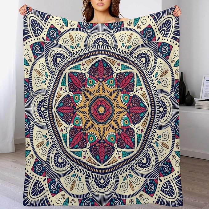 Abstract Mandala Throw Blanket Indian Hippie Bohemian Art Floral Texture Pattern Blanket for Sofa Bed Couch Chair Or Dorm 70"x80"