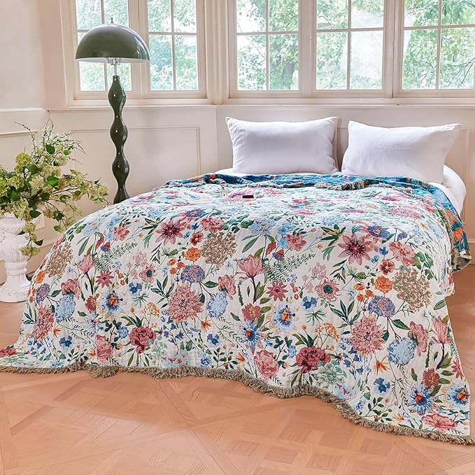 Boho Throw Blanket - 100% Cotton Ultra Soft Muslin Blanket, 50"x60" Lightweight Floral Framhouse Bedding Spring Blanket for Bed, All Season Blue Bohemian Bedroom Home Decor Quilt