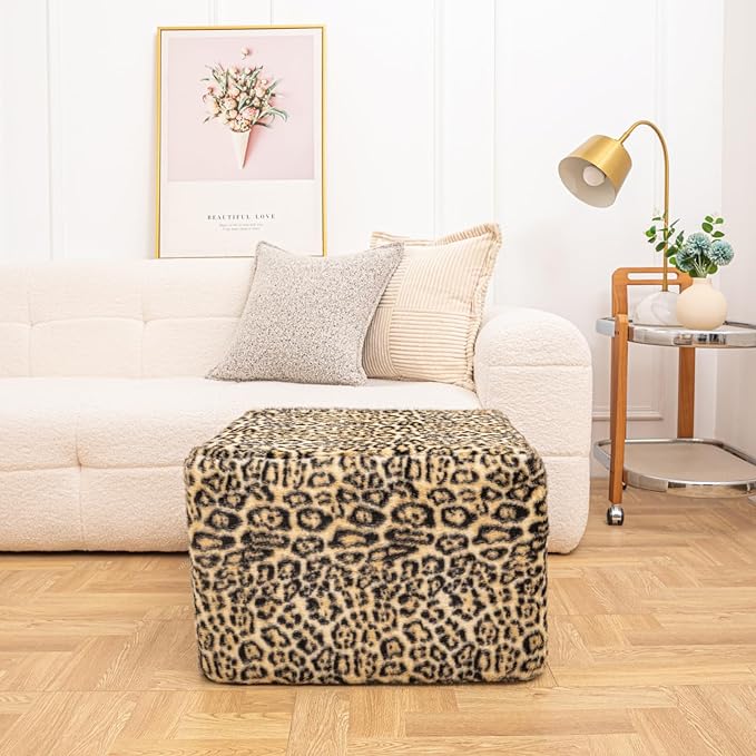 20x20x14 Inches Fluffy Square Pouf Ottoman - Plush Furry Boneless Ottoman Foot Rest Stool with High-Density Foam, Versatile Floor Seating for Living Room (Leopard Print)