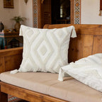 Boho Throw Pillow Covers 18x18 Inch with Tassels, White Tufted Square Bohemian Decorative Pillow Covers Set of 1, Farmhouse Woven Cushion Cases for Couch Sofa Bed Living Room Home Decor