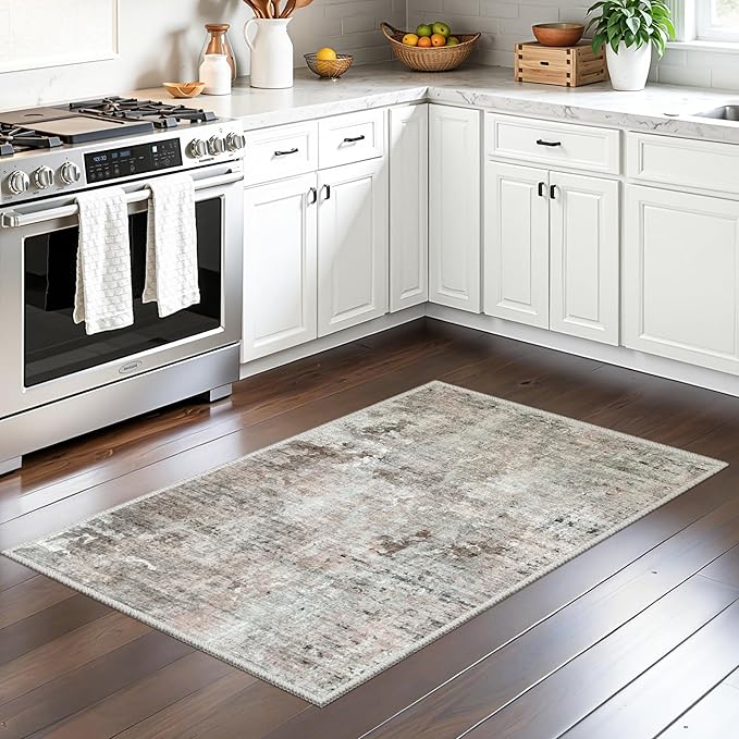 2x3 Abstract Washable Rugs for Kitchen, Floor, Entryway, Powder Room Small Area Rug Non-Slip Vintage Low Pile Throw Door Mat Pink Grey