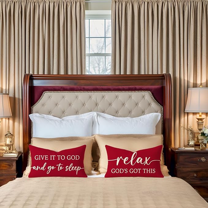 Red Christmas Pillow Covers 12x20 Inch Set of 2 – Relax God’s Got This/Give It to God and Go to Sleep – Christian Holiday Throw Pillowcase, Gift for Women
