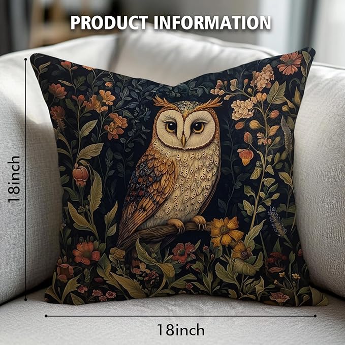 YOU FOUND ME William Morris Abstract Vintage Floral Velvet Owl Design Throw Pillow Covers Home Decor, Retro Art Decor Pillowcase Cushion Cover for Bed Sofa Living Room, Square 18x18inch (Brown-Owl)