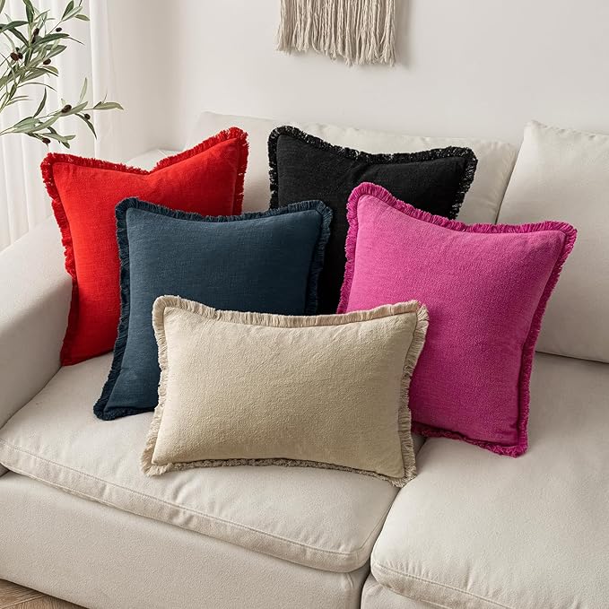 MIULEE Decorative Throw Pillow Covers Neutral Linen Fringe Throw Pillows Set of 2 Red Boho Farmhouse Cushion Covers with Tassels for Couch Sofa Bed Living Room Spring Home Decor 20x20 Inch